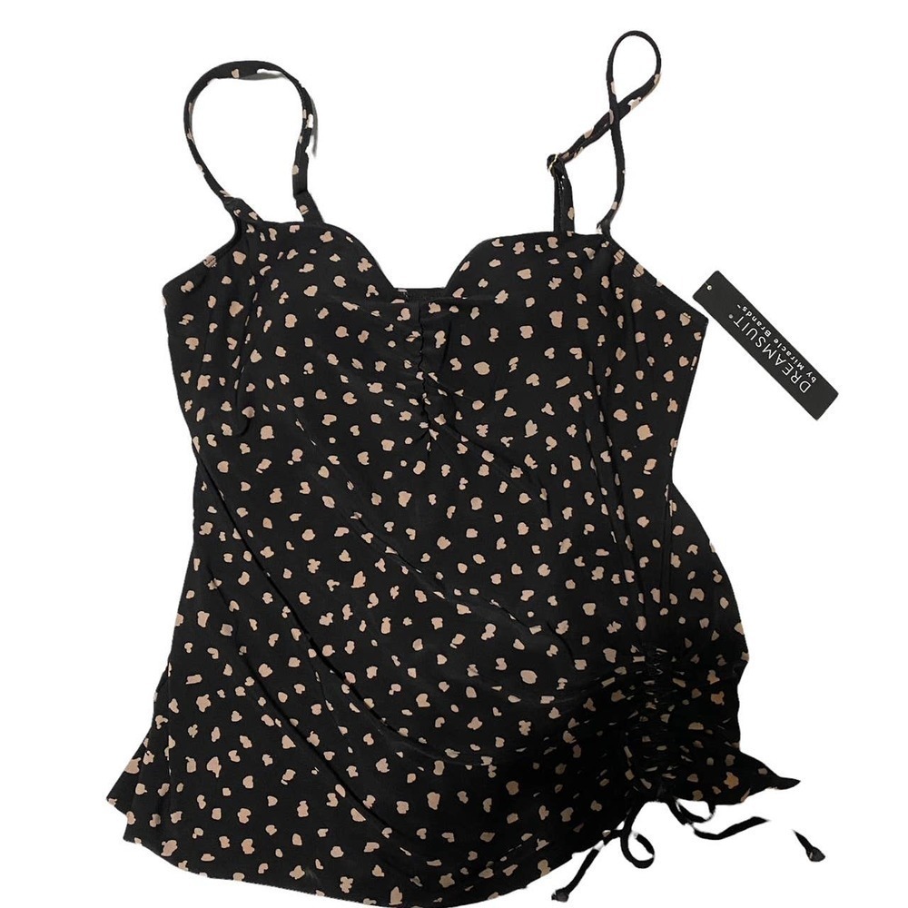 Dreamsuit Miracle Brand Black Dot Tankini Swim Top Side Tie Slimming Control